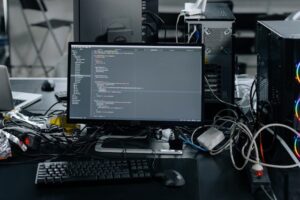 
Primer plano de un monitor de ordenador negro en un escritorio desordenado con cables, teclados y ratones. La pantalla muestra líneas de código fuente en un editor de texto con fondo oscuro. A la derecha, se ve una torre de ordenador negra con ventiladores iluminados por LEDs de colores. La imagen evoca el desarrollo técnico de un SGA software de gestión de almacén características.